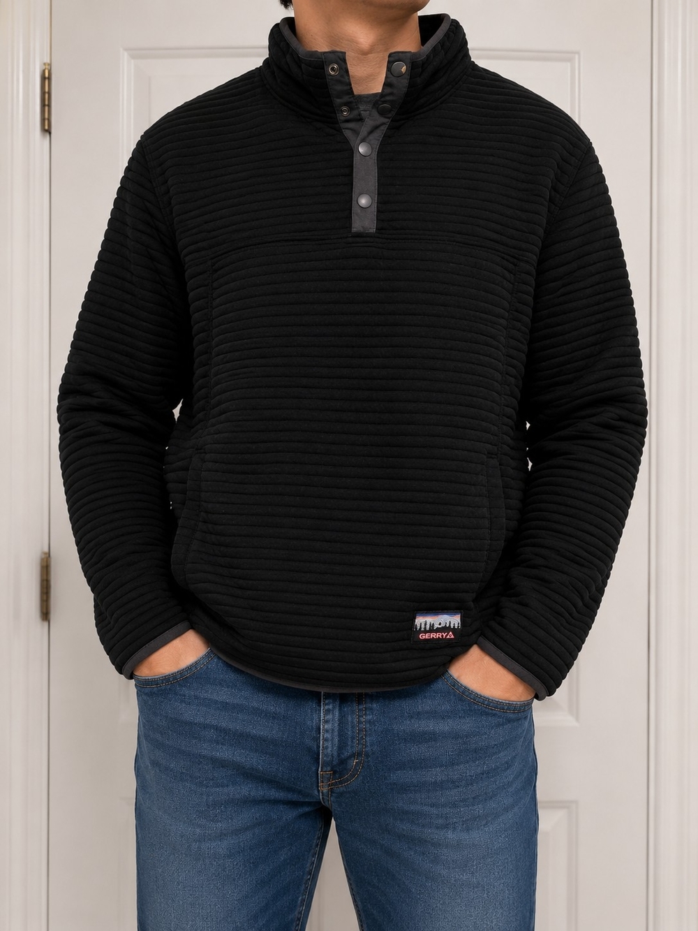 Gerry Ribbed Black Pullover with Red Logo Tag